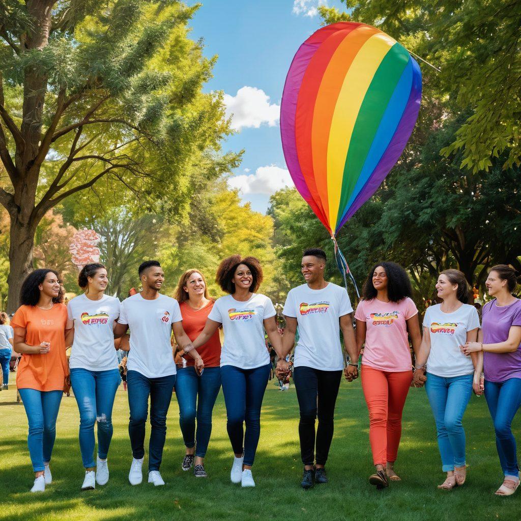 A vibrant, colorful scene showcasing a diverse group of people from the LGBT community coming together in a beautiful park, holding hands and smiling. The background is filled with rainbow-colored banners and flowers symbolizing unity and support. There’s a cozy picnic area with hearts and pride flags, radiating a warm, inviting atmosphere. The sky is bright and sunny, depicting a sense of hope and acceptance. super-realistic. vibrant colors. 3D.