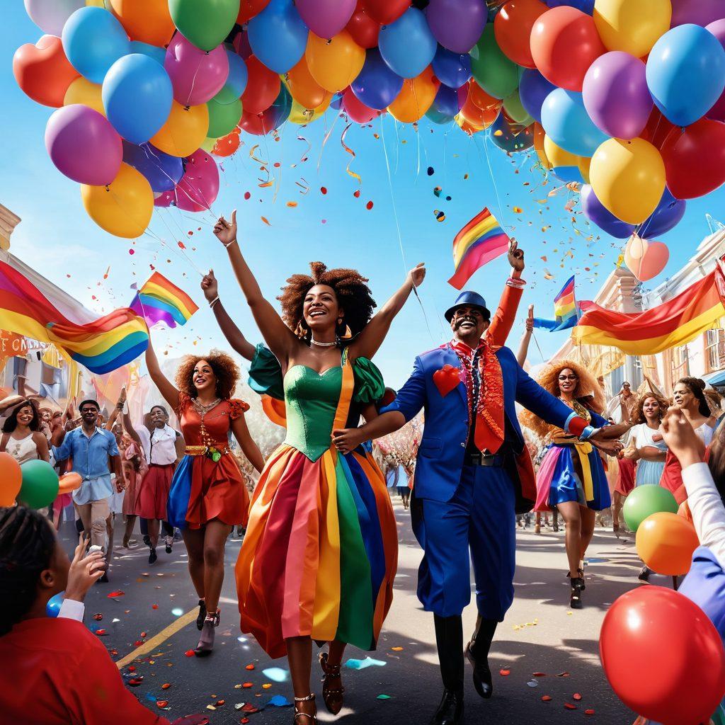 A colorful parade scene with diverse individuals celebrating in vibrant costumes and flags, surrounded by heart-shaped balloons and confetti. The atmosphere is filled with joy, showcasing acceptance and love in various forms. A background with rainbow-colored banners and a sunny sky enhances the festive mood. super-realistic. vibrant colors. 3D.
